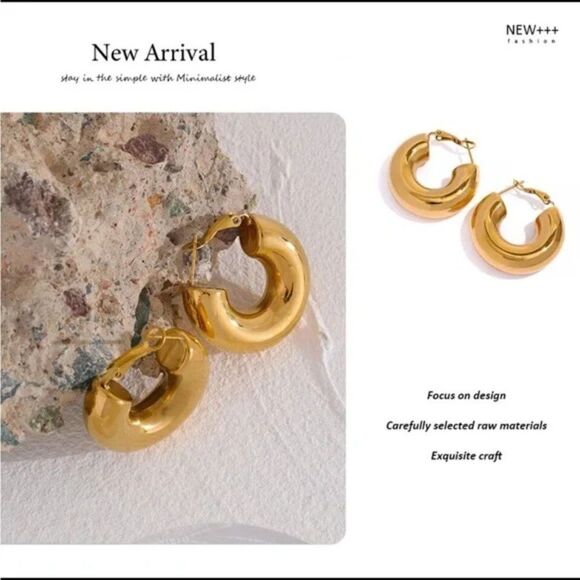 New Gold Thick Chunky Hoop Earrings - Picture 8 of 13